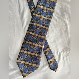 OSCAR‎ DE LA RENTA 100% Silk Tie Geometric Stripe Blue Grey Gold
